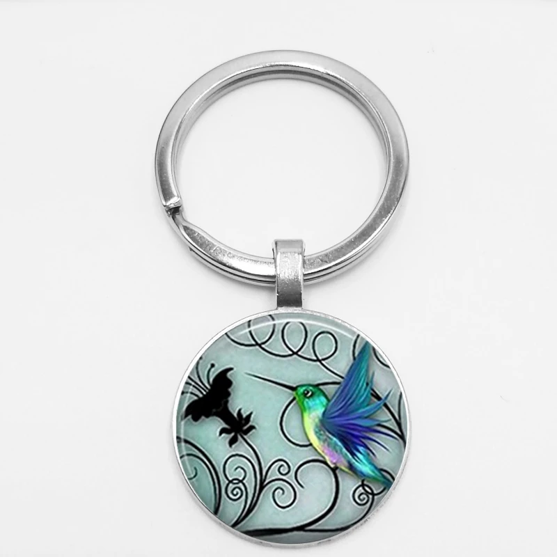 Handmade Blue Hummingbird Keychains Hummingbird Pendant Glass Pokemon Jewelry Art Glass Cabochon Keyring Jewelery