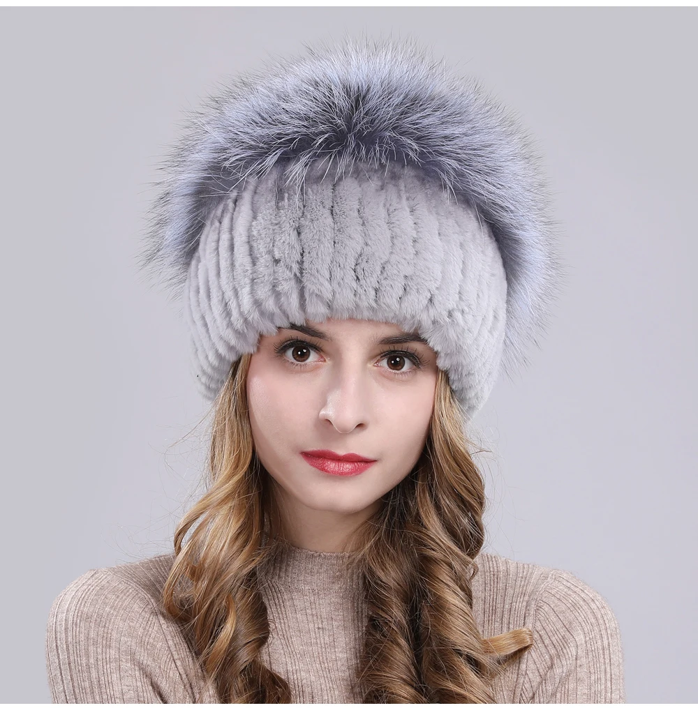 Outdoor Women Warm Soft Genuine Rex Rabbit Fur Hat Knitted Natural Real Sliver Fox Fur Caps Winter Real Rabbit Fur Beanies Hats