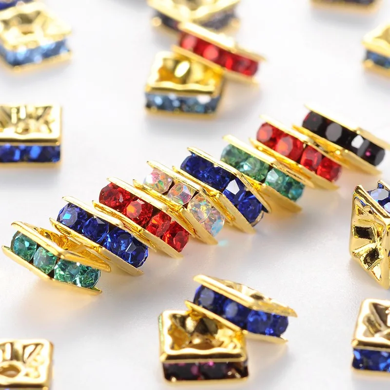 100pcs 6x6x3mm Square Brass Crystal Rhinestone Spacer Beads Grade A for Jewelry Making DIY Bracelet Findings Golden Metal Color|Бусины| |