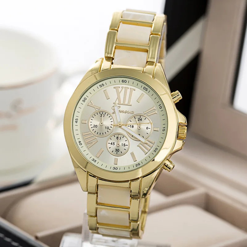 Топ Экстра большой циферблат Женева стиль металлические женские часы мужские