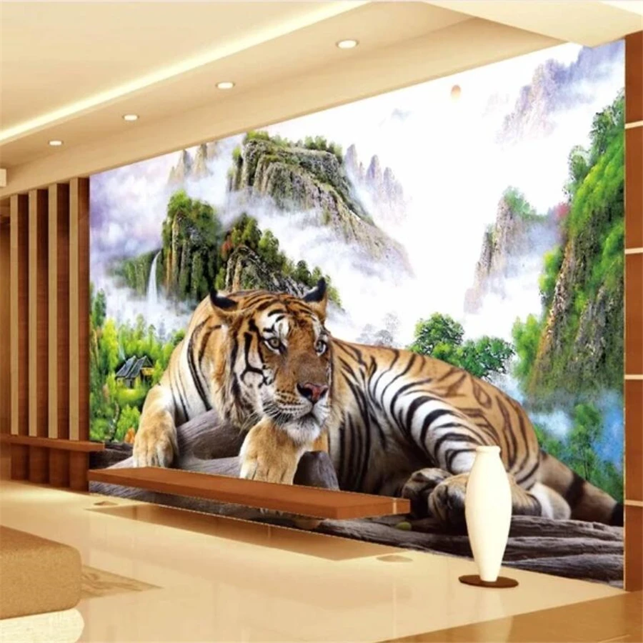 beibehang Custom wallpaper 3d mural tiger down the mountain king domineering TV sofa living room background | Обустройство дома