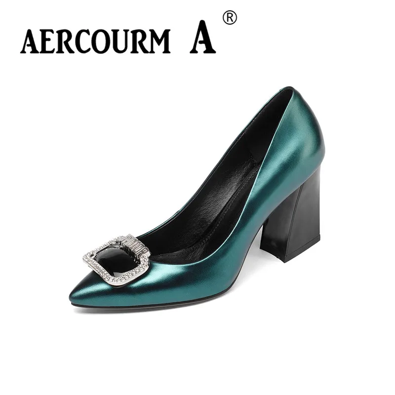 Aercourm A 2018 new Women metal button Shoes Female Genuine Leather High Heel Pumps crystal Square Heels Brand Z306 | Обувь