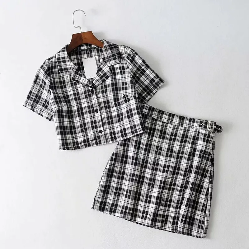 Women Vintage Plaid Two Piece Set Crop Top Shirts And Mini Skirt Matching Sets Casual Outfits Tracksuit - Цвет: White And Black