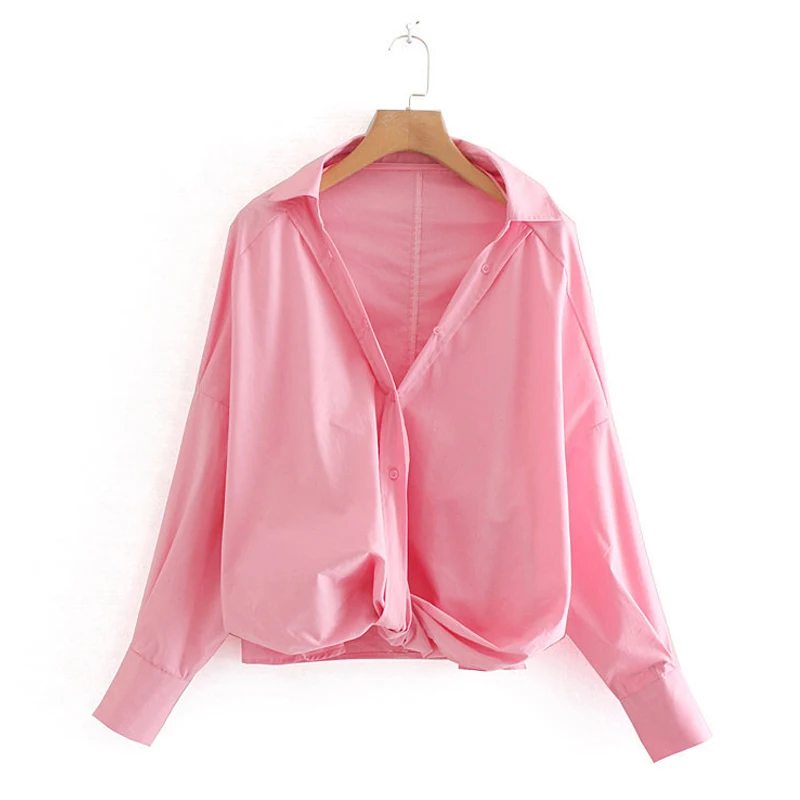 

YNZZU 2019 Autumn new arrival pink blouse 100% Cotton loose chic women V neck women shirt Button causal female tops YT645