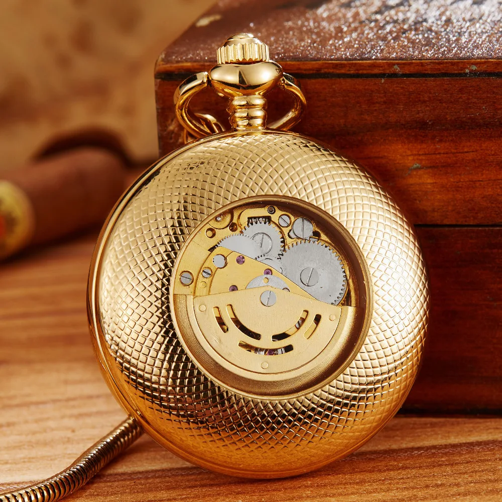 Vintage Copper Material Top Brand Skeleton Mechanical Pocket Watch Mens Fob Chain Golden Automatic Sculpture Women Men Watch Gif