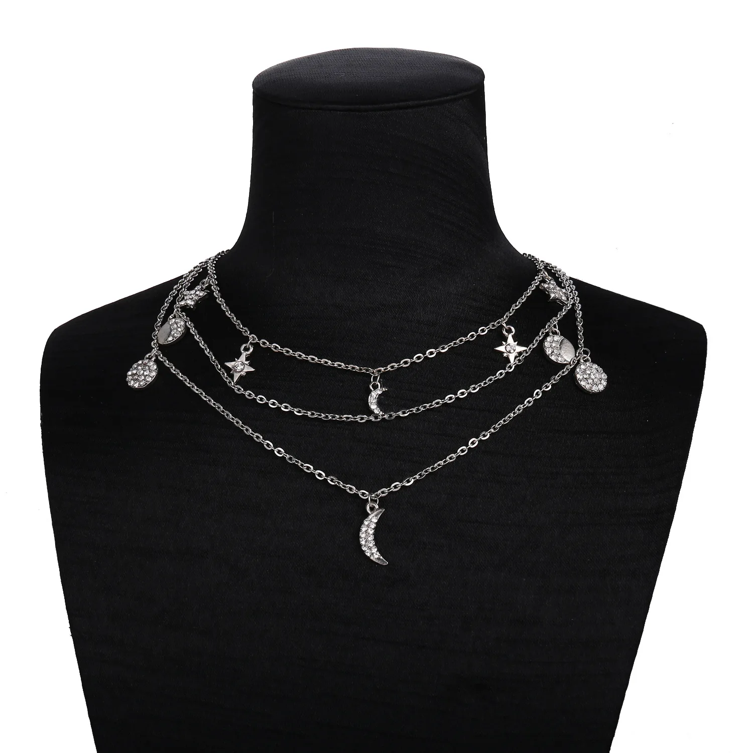 EA429-2 Silver Color Винтажное многослойное ожерелье с подвеской в виде звезды, Луны и кристаллов для женщин, богемное колье на цепочке, модные вечерние ювелирные изделия - Окраска металла: EA429-2 Silver Color