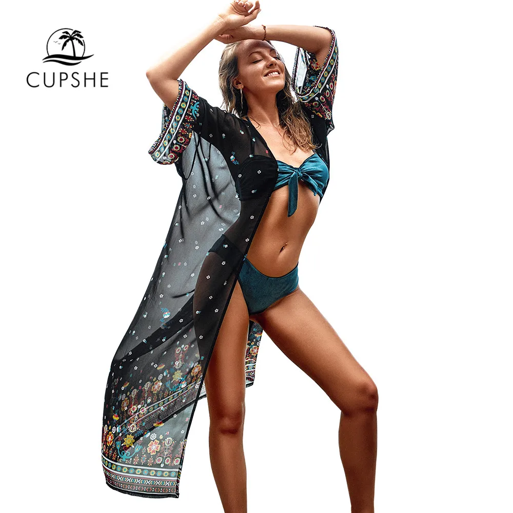 CUPSHE длинное черное цветочное покрытие с принтом сексуальное шифоновое кимоно