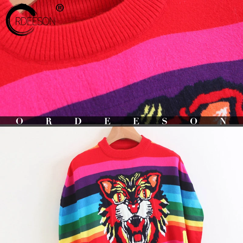 ORDEESON Rainbow Hot Drilling Tassel Tiger Head Turtleneck Winter Oversized Sweater Women Sweaters and Pullovers Poncho Jumper | Женская