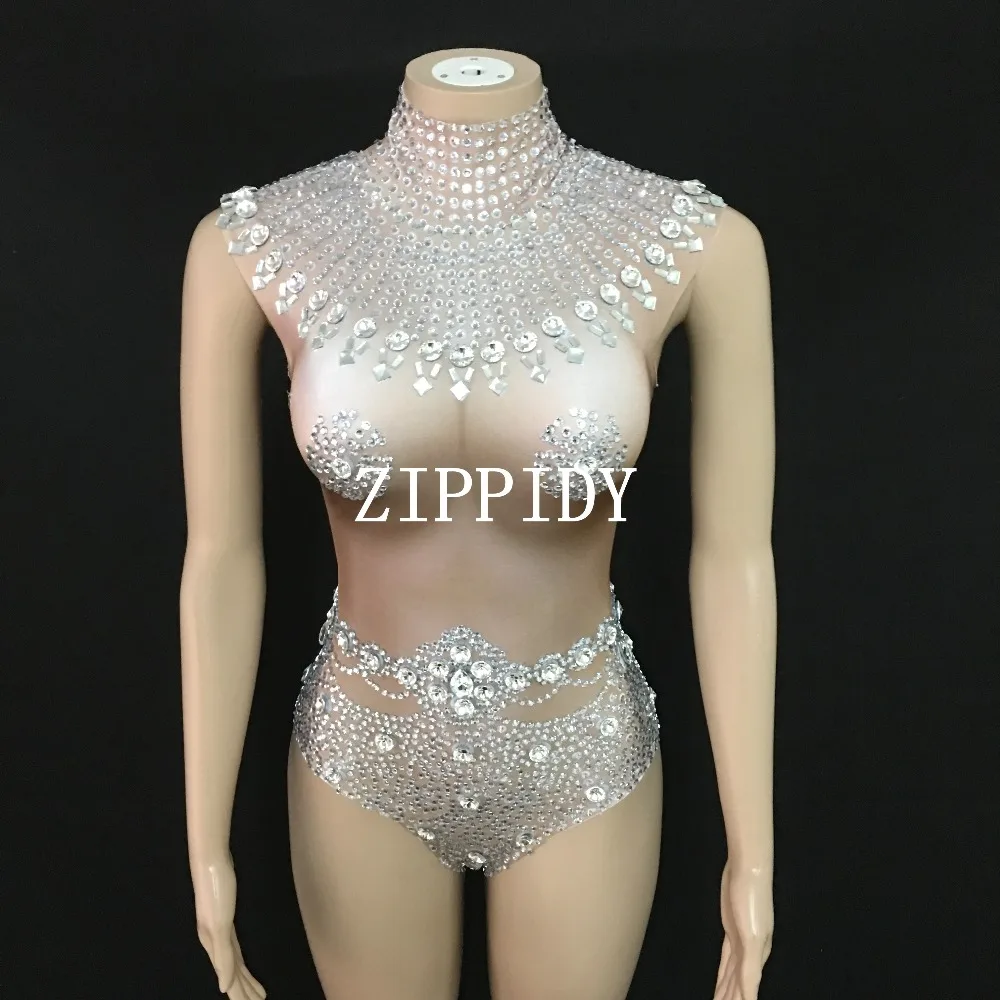 2019 New design Stretch Nude Crystals Leotard Women Sexy Dance Costume Female Singer  Tassels Leotard Performance Dance Wear