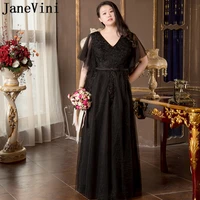 janevini vintage black a line plus size prom dresses 2019 v neck lace appliques tulle floor length women formal long party gowns