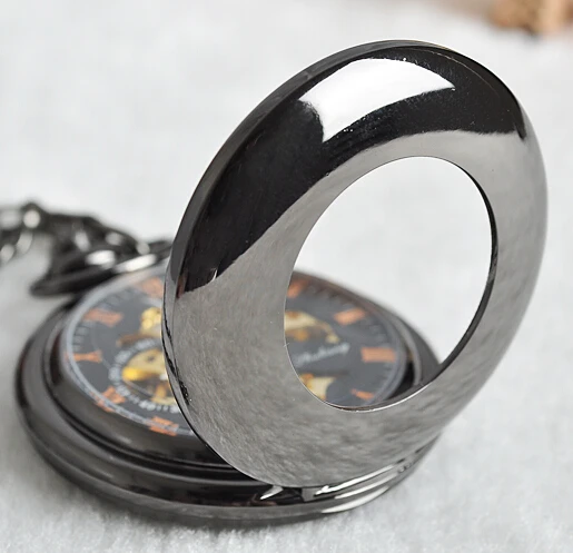Black Polished Hollow Simple Design Mechanical Pocket Watch Retro Steampunk Skeleton Style Fob Chain Men's Watch Holiday Gift