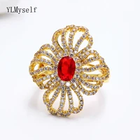 luxury hollow line design ring gold color red stone jewellery cubic zirconia beautiful jewelry large rings for women