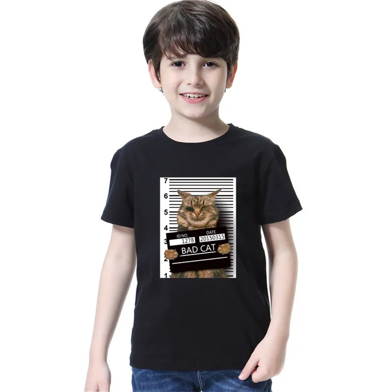 

Kids Funny Arrested Bad Cat T-Shirt Cool Kitten t shirt Boys summer White T shirt hipster Tees Funny Crime Cat Tops Tees