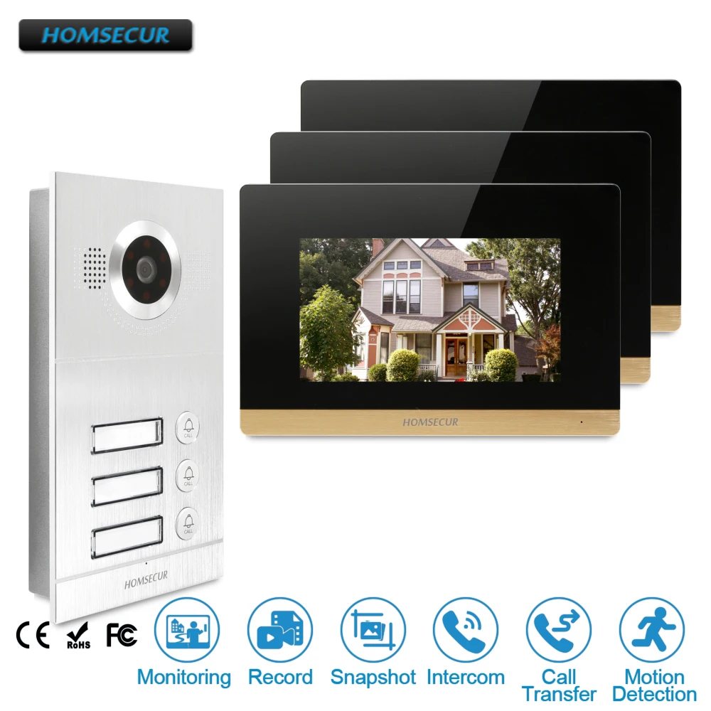

HOMSECUR 7" Video&Audio Smart Doorbell with Outdoor Monitoring for 3 Apartment BC121-3S+BM716-G