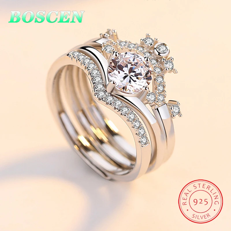 BOSCEN 925 Sterling Silver Ring For Women Gift 2019 Zircon Gem Crown Detachable Three In One wearing methods Creative | Украшения и