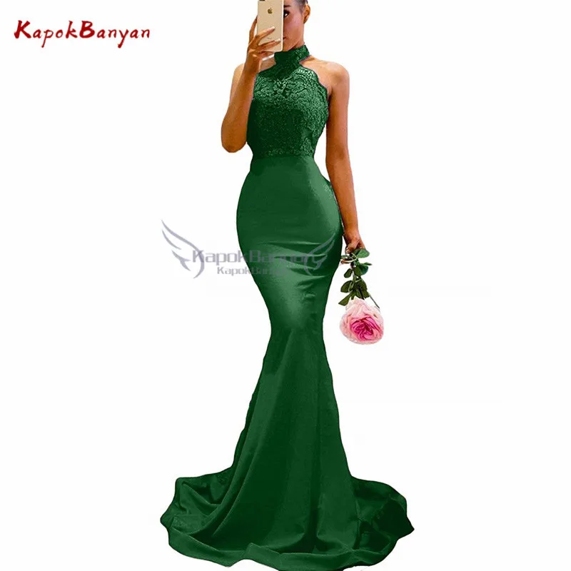 Dark Green Платье подружки невесты с аппликацией и лямкой на шее; платье подружки невесты с Блестками, Бисером и пуговицами на молнии; специальное кружевное платье подружки невесты на свадьбу - Цвет: Dark Green