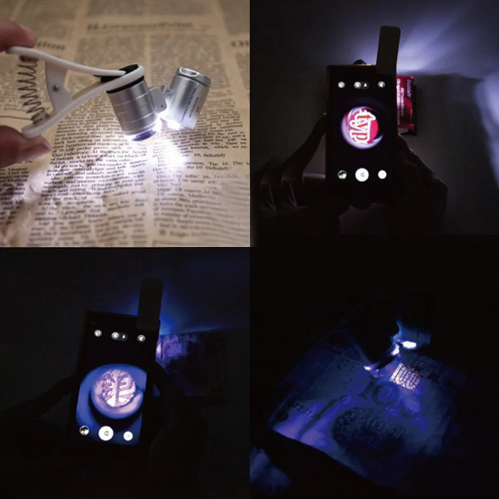 New 60X Magnifier Chip-on design Microscope Magnifying Glass with LED UV Light Universal for Smartphone Clipping Magnifiers | Мобильные