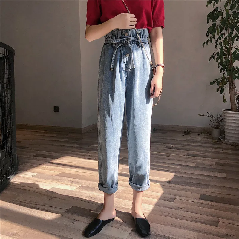 S XL 2018 корейский стиль осенняя бумажная сумка талия брюки высокая джинсы женские