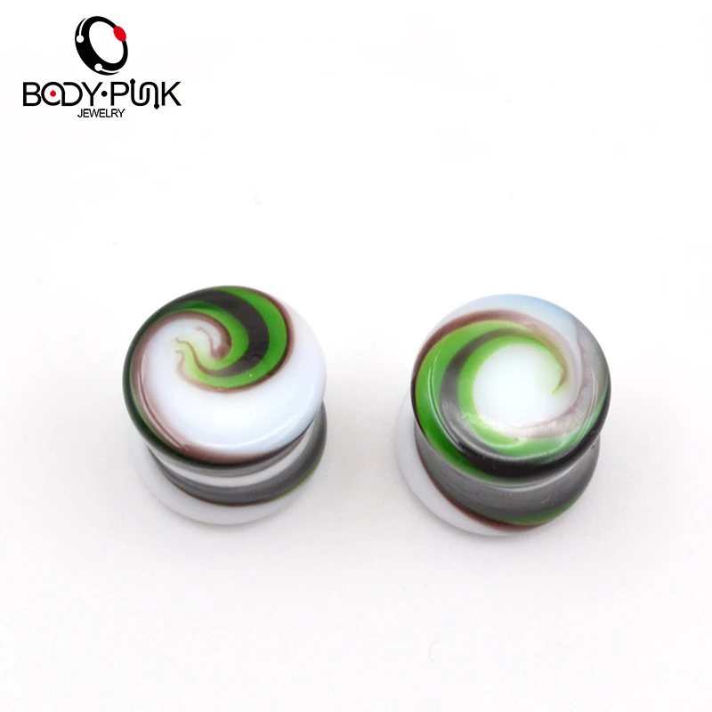 

BODY PUNK Hot 1 Pair Glass Green&white Swirl Ear Tunnel Earring Stainless Steel Ear Plugs Gauge Body Jewelry Pierceing 8-14mm