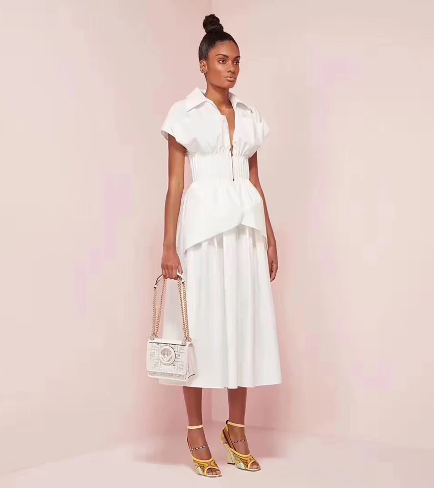 New 2019 Summer Elite Pressed Pleated Belt Shirt Neckwear Medium length Temperament Slim Dress | Женская одежда