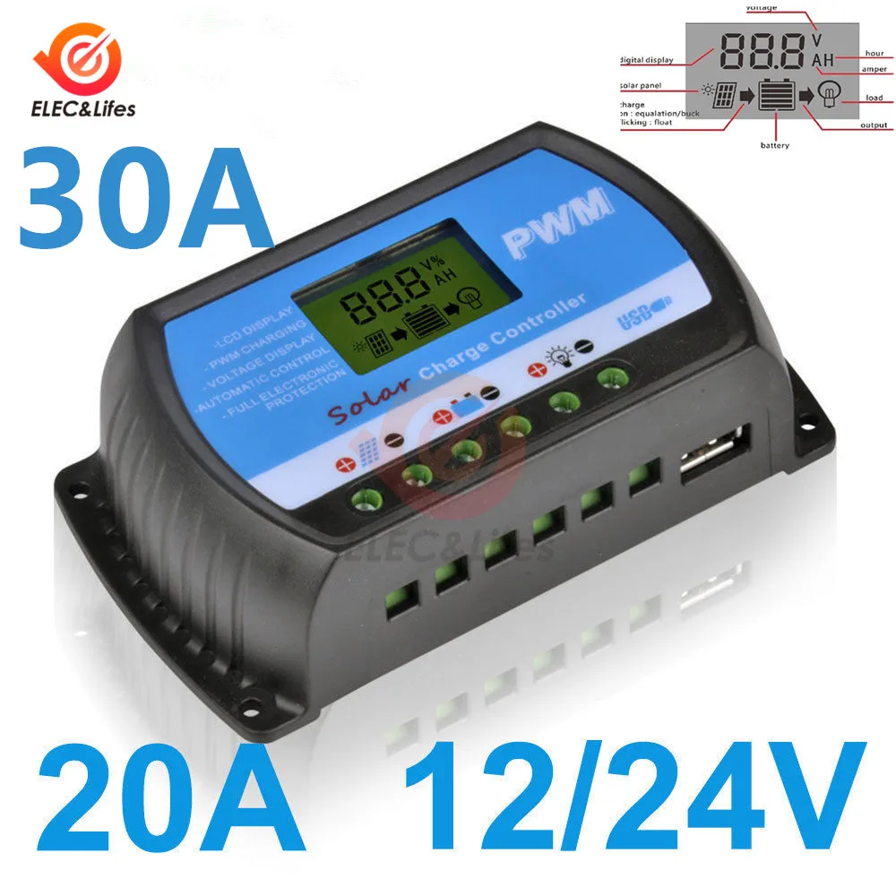 

12V 24V LCD Digital Auto Solar Panel Battery Charge Controller 30A 20A with USB PWM controller Solar PV Regulators 20 AMP 30 Amp