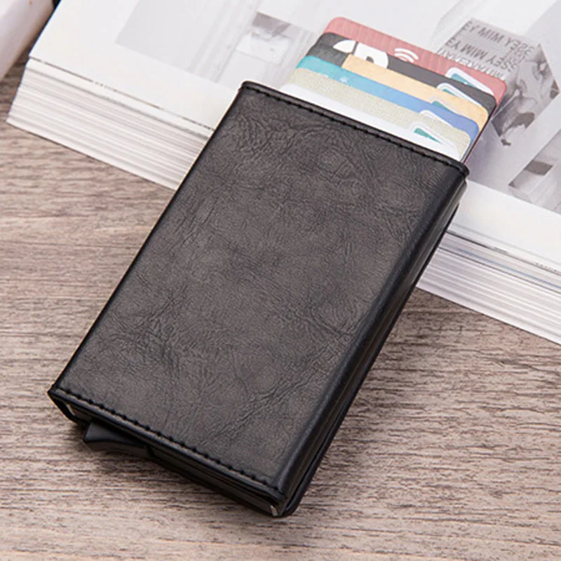 RFID Блокировка Мужской умный кошелек с карманом для монет кожаный кошелек магнитная кнопка кредитный держатель для карт мужской мешок для денег металлический корпус для карт - Цвет: Черный