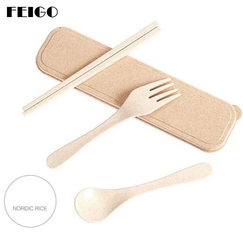 

FEIGO 3 Pcs/Set Western Cutlery Wheat Straw Dinnerware Set With Travel Tableware Kitchen Knife Fork Tableware Set 4 Colors F423