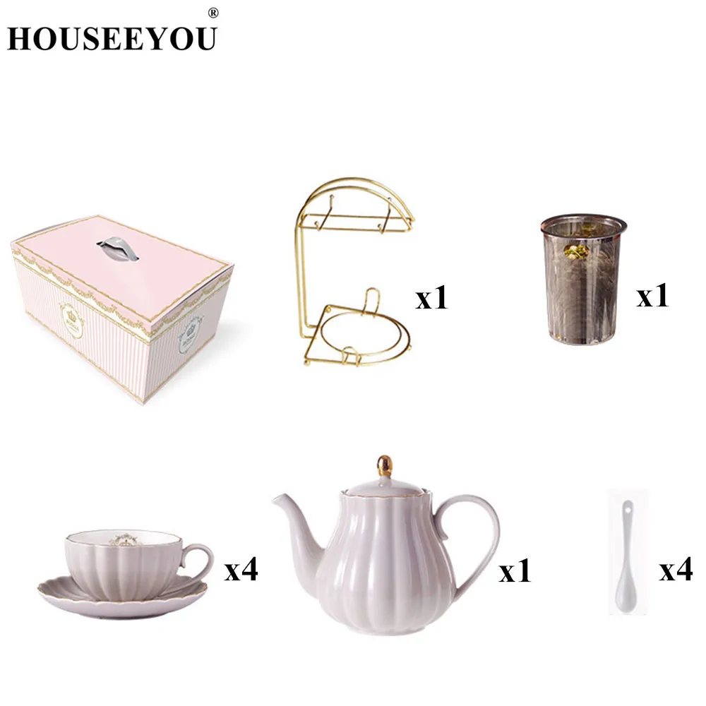 11pcs Краткое British костяного фарфора тыква полоса посуда для напитков керамическая кофейная чашка кружка с молоком чайник Блюдце Ложка Позолоченный Комплект полок набор - Цвет: 11pcs