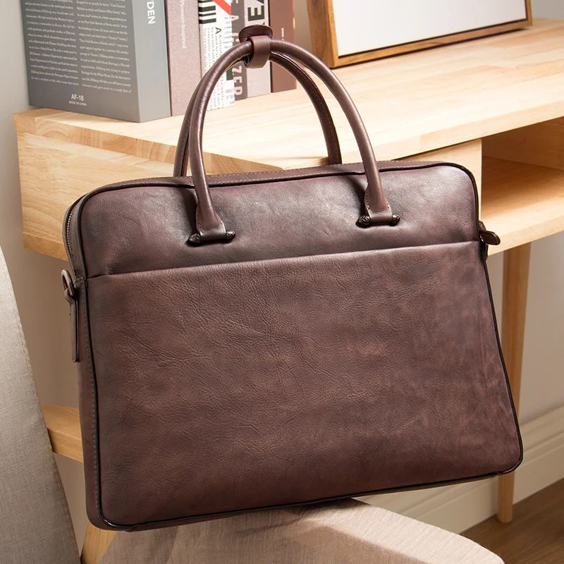 Портфель мужской для ноутбука 14 дюймов из натуральной воловьей кожи|Мужские