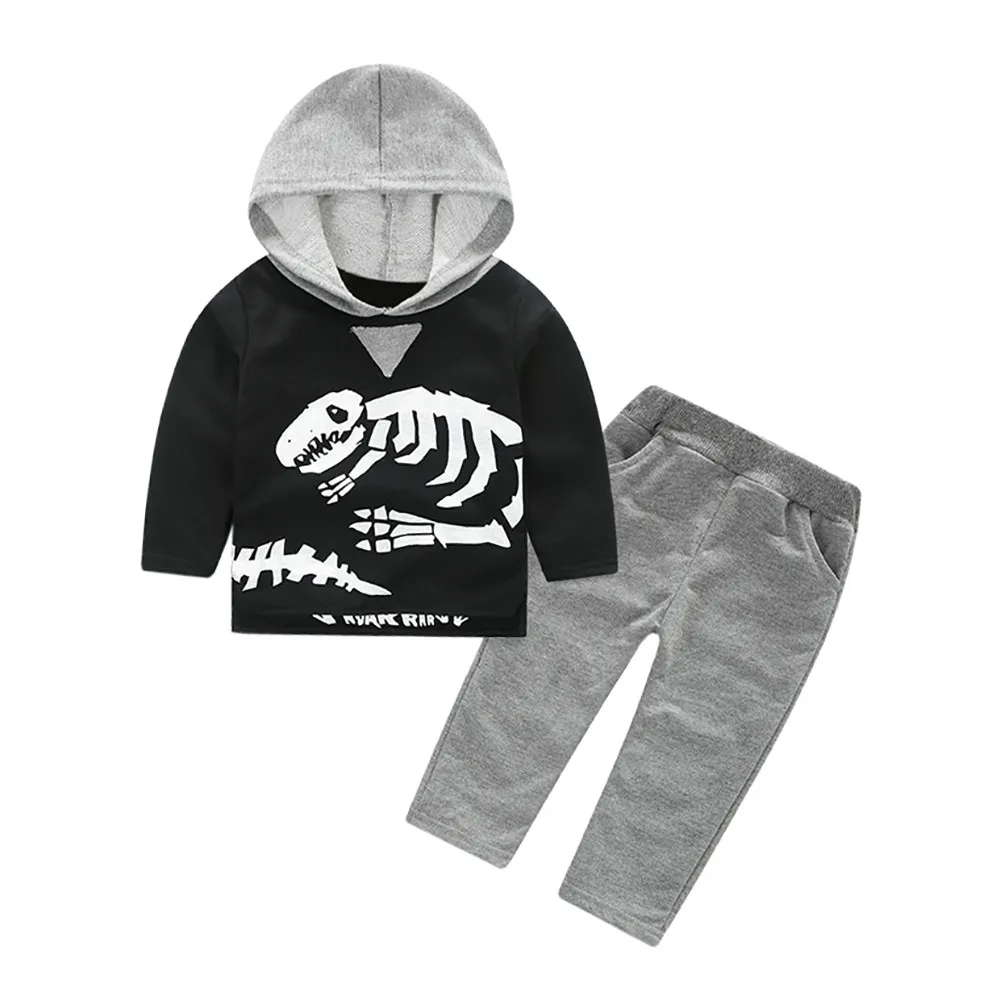 Warm Clothes Hot Selling Children Clothing Infant Toddler Kids Baby Girls Boys Dinosaur Bones Set Hooded Tops+Pants Outfit Boy | Детская