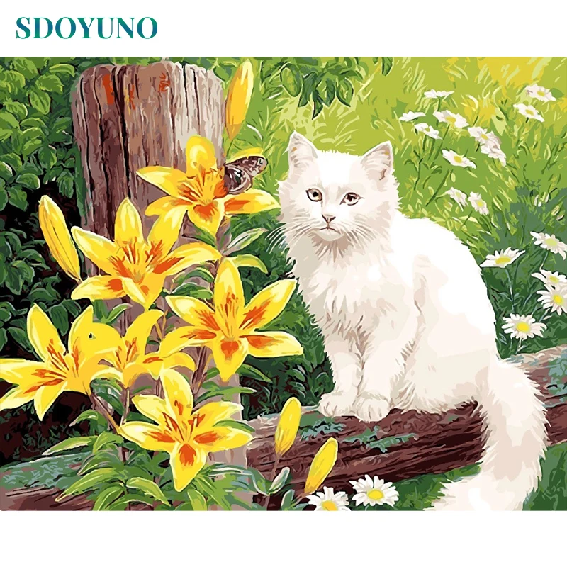 

SDOYUNO Frame Cat Flowers DIY Painting By Number Animals Painting & Calligraphy Acrylic Modern Wall Art Picture For Home Decor