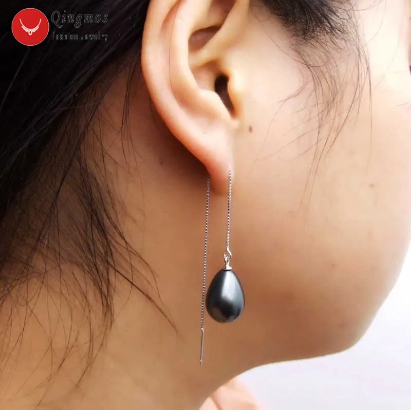 Qingmos, Настоящее серебро, S925, серьги 4 дюйма, для женщин и 12*16 мм, черная капля, морская раковина, жемчуг, Earring-ear663