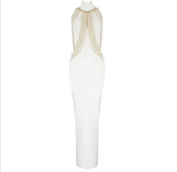 

High Quality Beading Bandage Dress Celebrity Sexy White Black Ngiht Club Fashion Backless Evening Party Bodycon Long Dresses