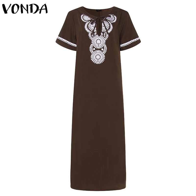 VONDA, женское платье с принтом,, летнее, повседневное, сексуальное, v-образный вырез, короткий рукав, с разрезом, одноцветное, макси платье, элегантное, Vestidos размера плюс - Цвет: Coffee