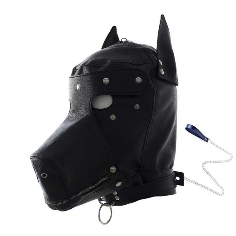 Щенок играть кожаное покрытие на голову BDSM Связывание маска со съемной мордочкой