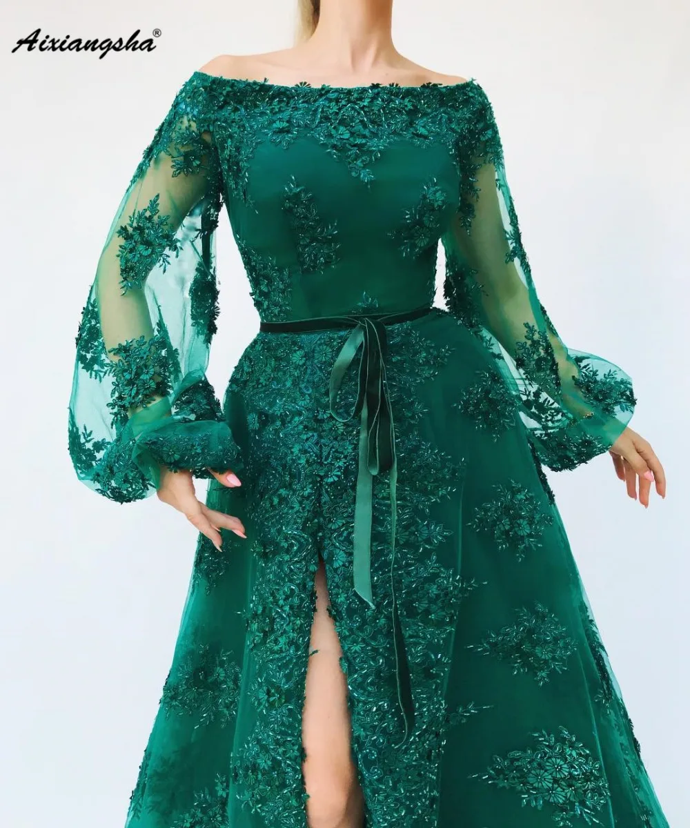 

New Listing Green Evening Dresses Sheer A-Line Off The Shoulder Sleeves Hand-Beading Lace Long Evening Dress De Soiree