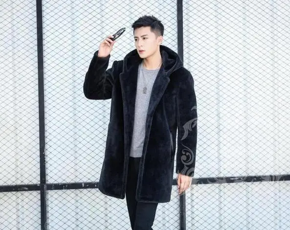 Мужская теплая куртка из овечьей кожи черная Повседневная утепленная средней