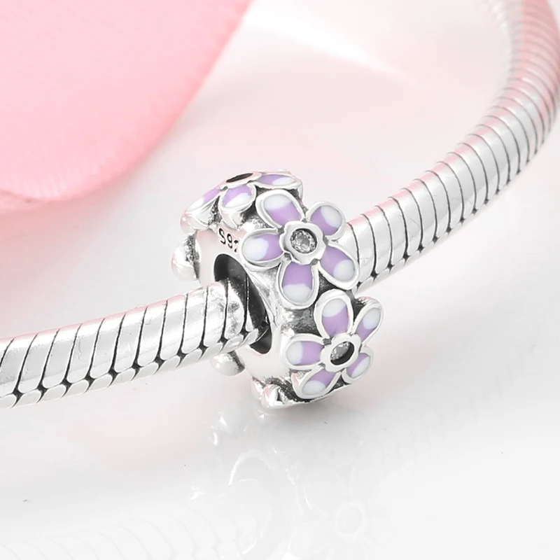925 Sterling Silver Purple Flower And crystal CZ fine Stopper spacer bead Jewelry Making Fit Original Mikiwuu Charm Bracelet | Украшения и