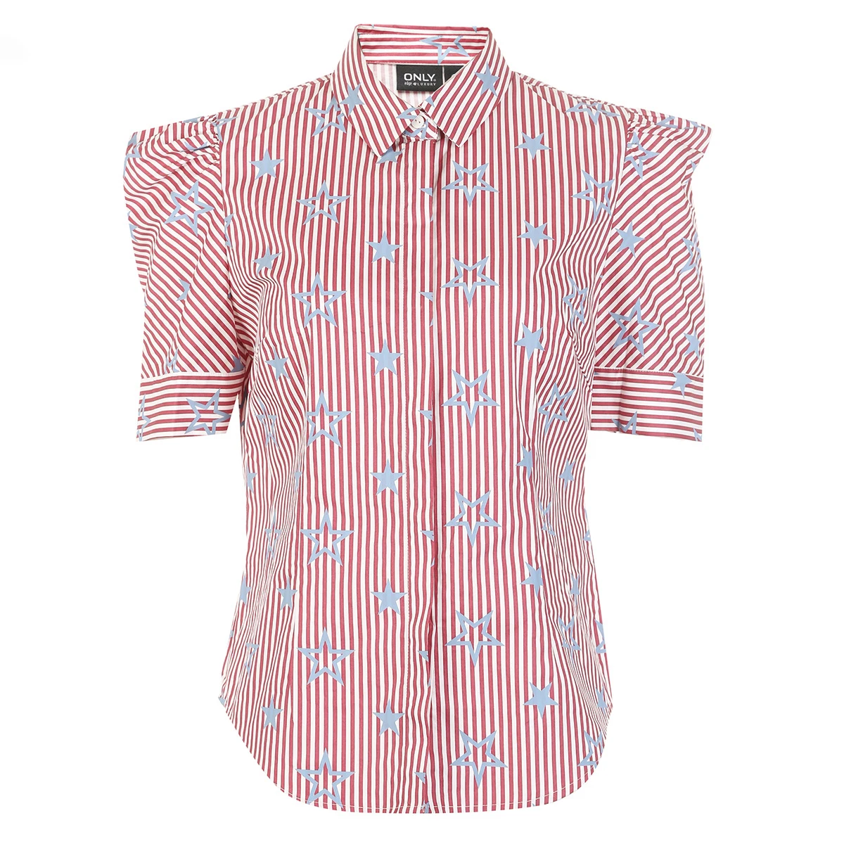 Женская хлопковая рубашка в полоску с рукавами пузырьками свободная короткими