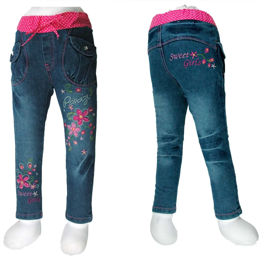 

2-6Y Kids Slim Jeans Teens Flowers Embroider Rhinestone Female child Trousers Girl Denim MH2548