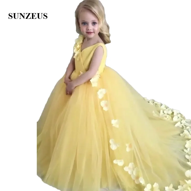 

Yellow Girls Pageant Party Dresses Long V Neck Tank A-Line Puffy Skirt Handmade Flower Sweet Flower Girls Dresses SF33