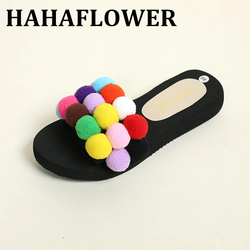 

HAHAFLOWER Новинка 2017, Женские Новые Летние Повседневные тапочки с большой меховой шарик, женская домашняя обувь на плоской подошве, повседневны...