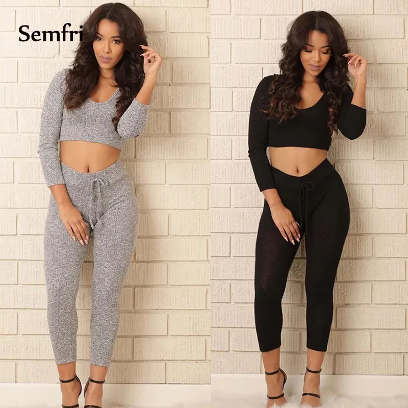 Semfri Women 2pcs Hoodie Sweatshirt Tracksuit Set Crop Top Hoodies Sexy Pants Winter Autumn Clothing Suits Sport Activewear 2019 | Женская