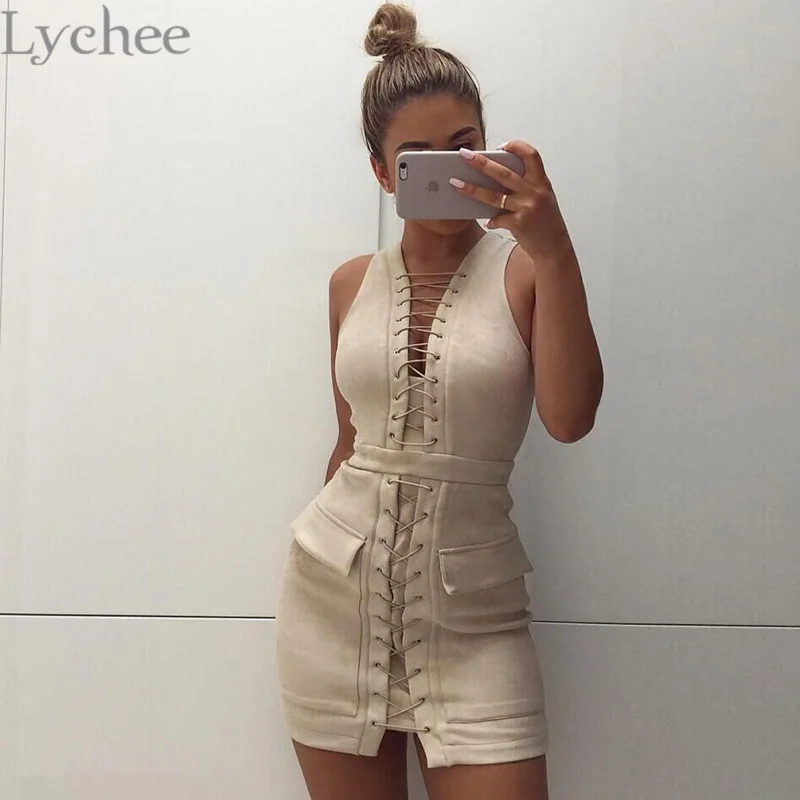 Элегантное сексуальное летнее женское платье Lychee кружевное замшевое кожаное