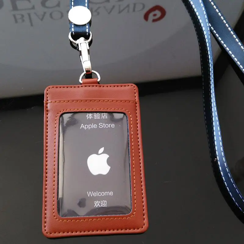 Кожаный бейджик Кредитная рамка открытки карта памяти чехол Lanyards держатель удостоверения личности держатель карточки на шею крышка лента-держатель для бейджей - Цвет: brown