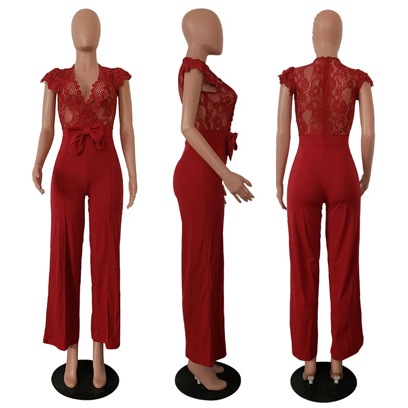 

OMILKA 2019 Women Short Sleeve V Neck Lace Bodycon Rompers and Jumpsuits Sexy Black Blue Red Club Party Hollow Out Overalls