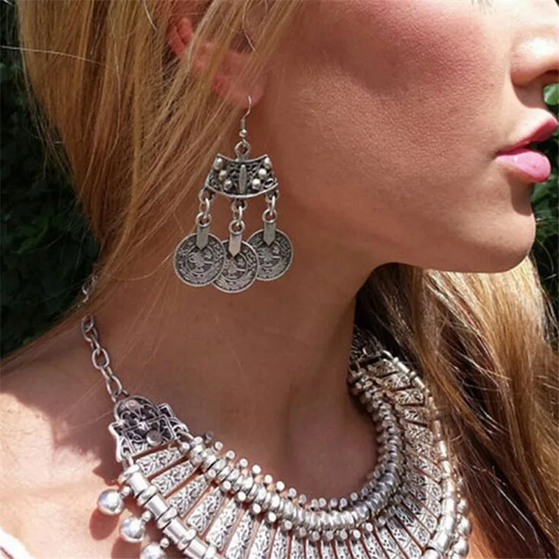 Ретро Серебряные серьги со свисающими монетами цветочный дизайн Gypsy пляжная