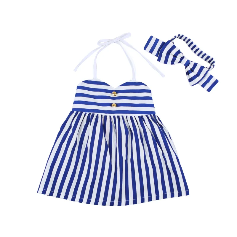 2016 Cute Striped Girls Dress + Bow Headband Suits 2pcs Children Clothing Set Baby Sleeveless Party Costume Girl Outfits | Детская