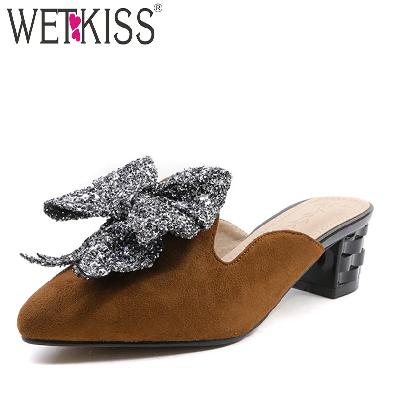 Женские шлепанцы на необычном каблуке WETKISS летние блестящие Шлепанцы из флока с