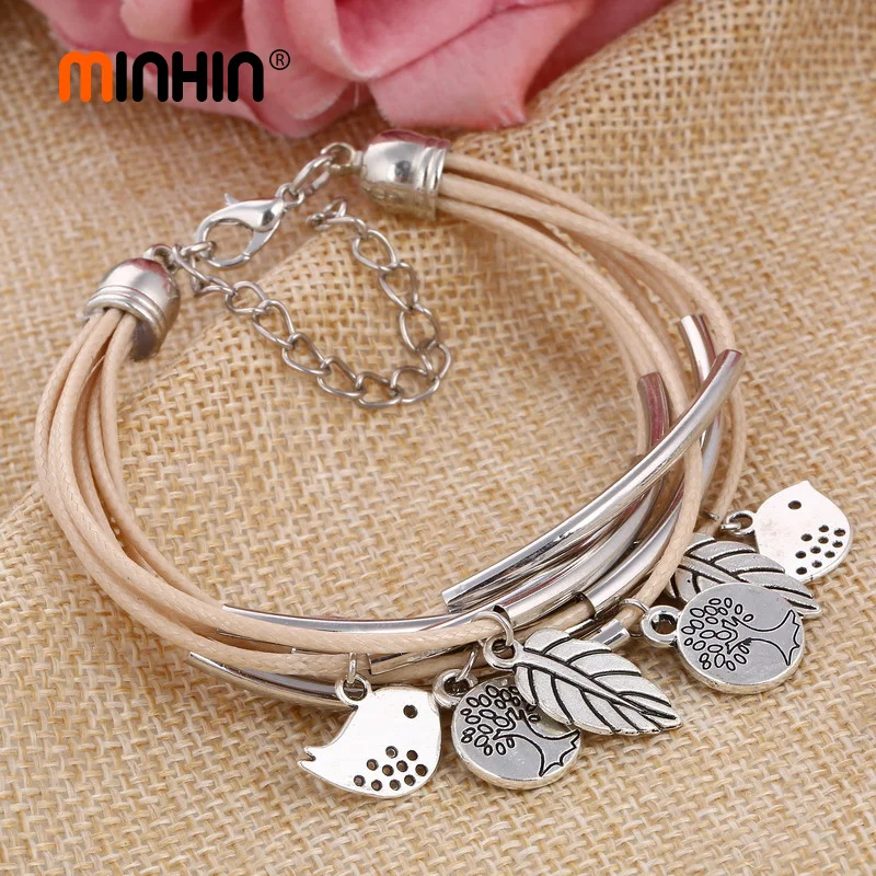 Женский Многослойный кожаный браслет MINHIN на запястье в стиле ретро с подвесками